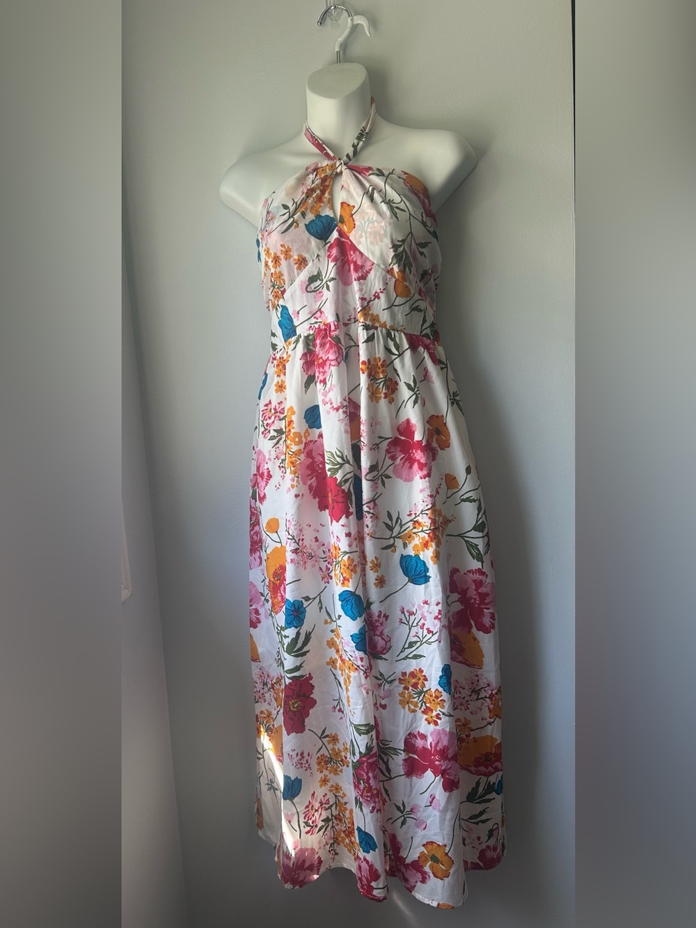 Cupshe White Halter Maxi Dress with Pink, Blue & Orange Floral Print